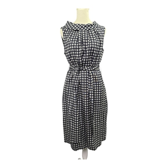 Talbots Silk Cotton Navy White Geometric Printed Sleeveless Belted Dress NWT - Picture 1 of 11